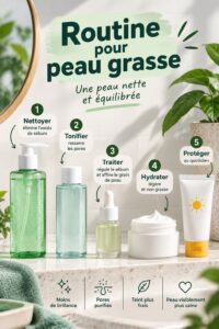 Jeune femme appliquant des soins sur son visage avec une peau grasse, représentant une routine beauté idéale.