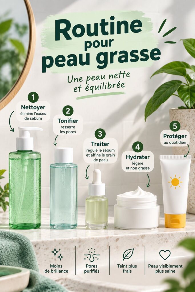 Jeune femme appliquant des soins sur son visage avec une peau grasse, représentant une routine beauté idéale.