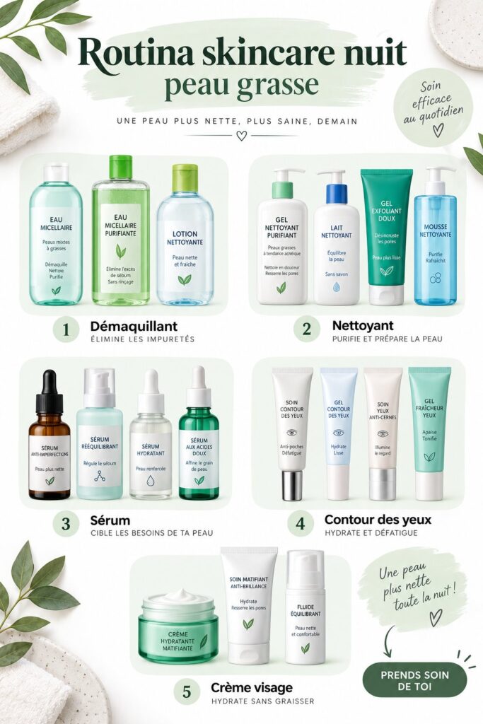 Femme appliquant une routine de soins du soir sur sa peau grasse