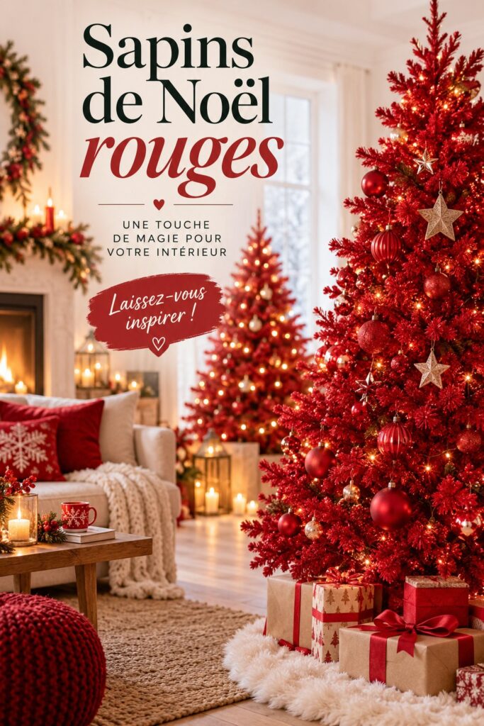 Un beau sapin de Noël rouge décoré avec des guirlandes dorées et des ornements élégants, apportant une ambiance chaleureuse.