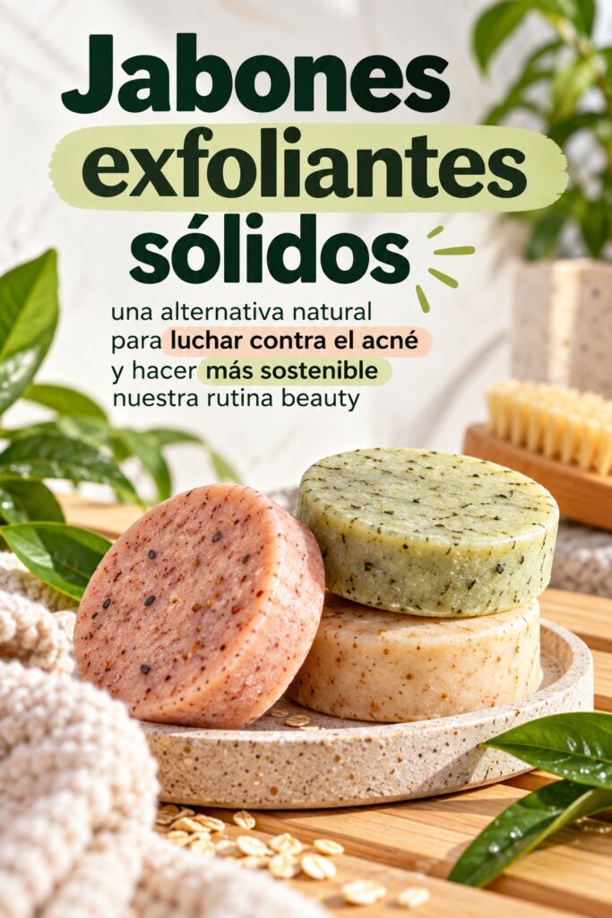 Savons exfoliants solides sur un joli plateau, mettant en avant des soins de beauté écoresponsables.