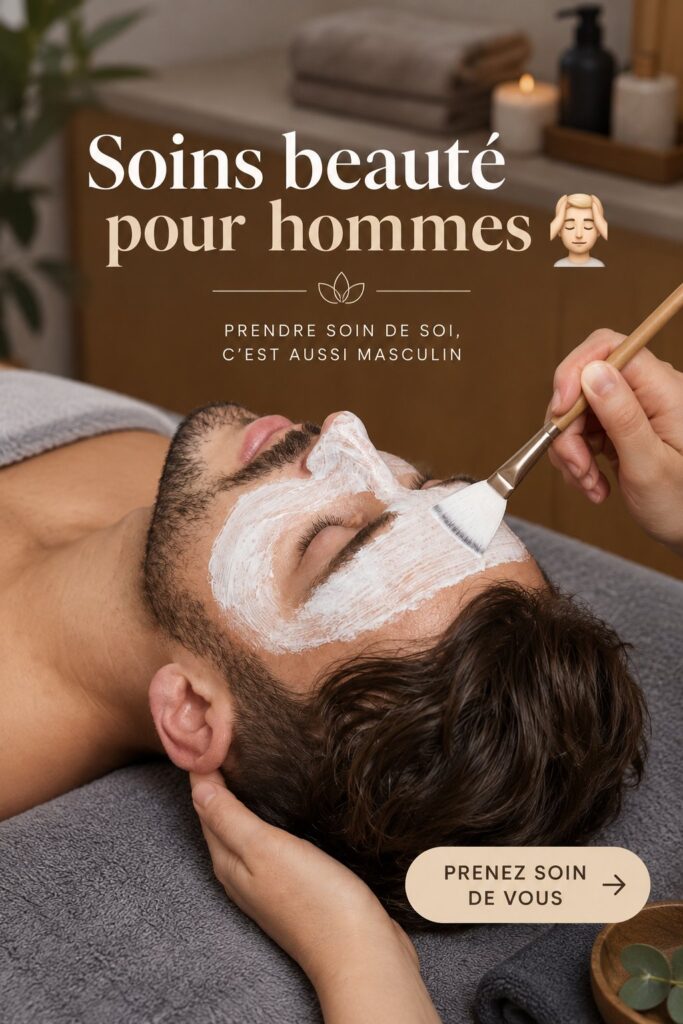 Un homme souriant appliquant un soin de beauté sur son visage, représentant les soins adaptés aux hommes.