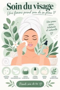 Femme appliquant un masque facial apaisant avec des produits de soins de la peau en arrière-plan.