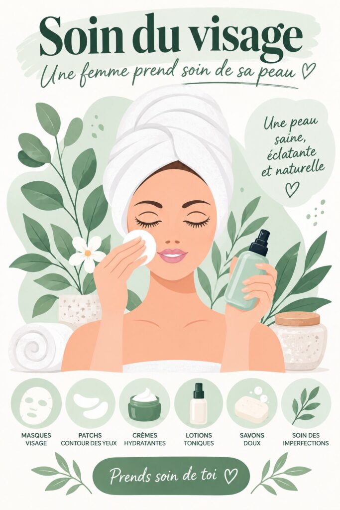 Femme appliquant un masque facial apaisant avec des produits de soins de la peau en arrière-plan.