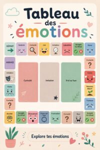 Un tableau des émotions avec différentes expressions colorées.
