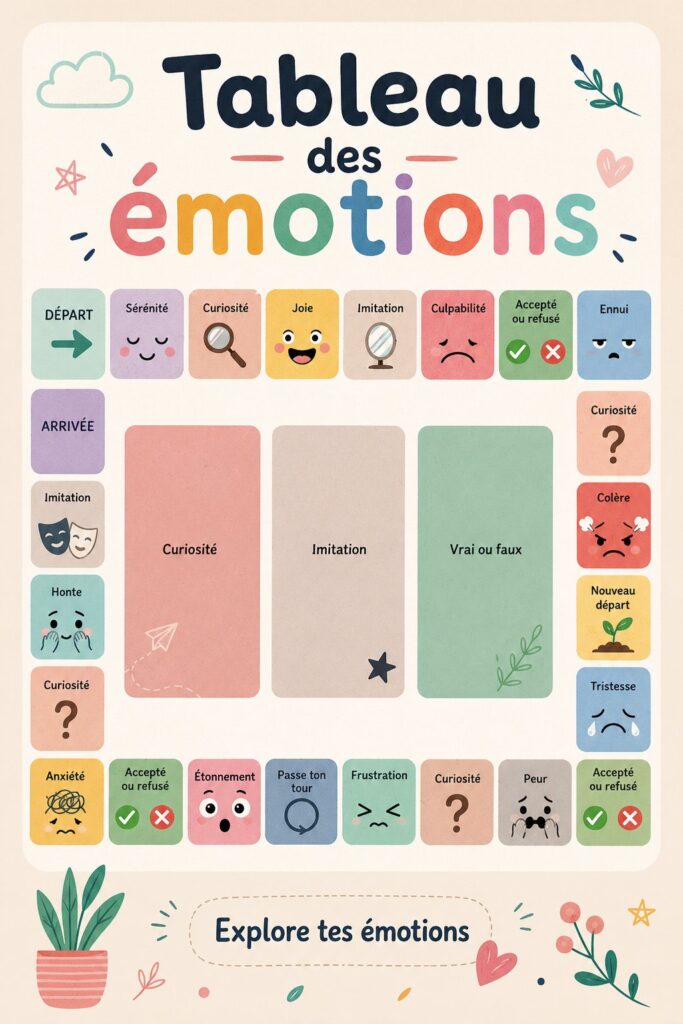Un tableau des émotions avec différentes expressions colorées.