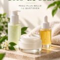 Un joli ensemble de soins en trio présenté sur une table en bois, illustrant l'idée de cadeau parfait.
