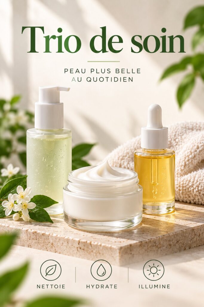 Un joli ensemble de soins en trio présenté sur une table en bois, illustrant l'idée de cadeau parfait.