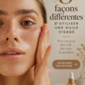 Bouteille d'huile de visage avec des fleurs et des herbes, représentant les bienfaits naturels des huiles pour la peau.