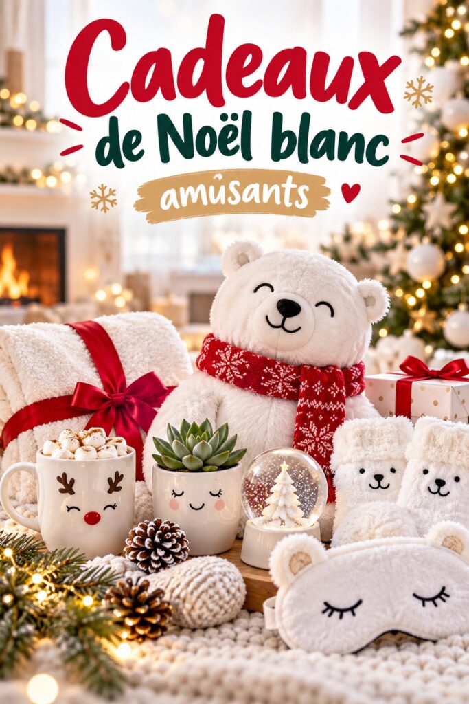 Cadeaux de Noël blancs amusants disposés sur une table festive