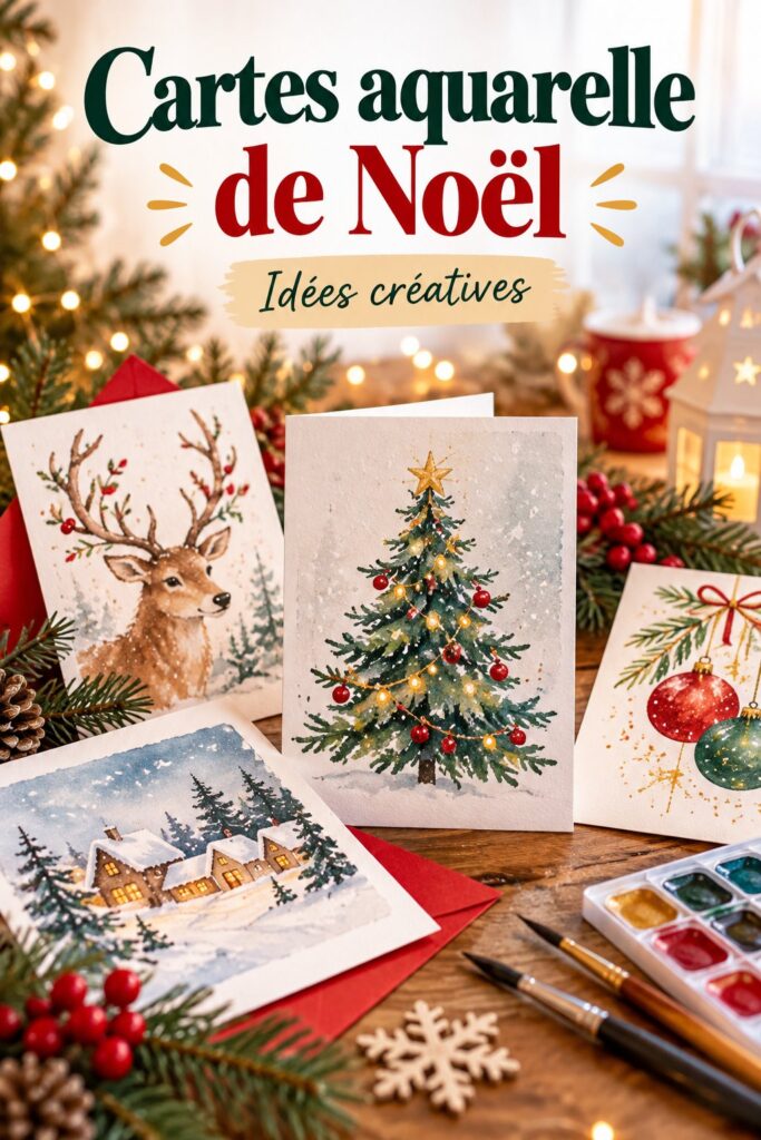 Une collection de cartes de vœux de Noël en aquarelle avec des motifs colorés.