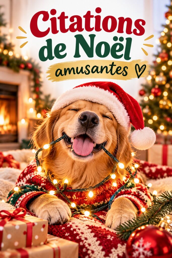 Une belle carte de Noël illustrée avec des citations amusantes et festives.
