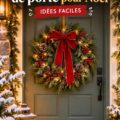 Une porte d'entrée magnifiquement décorée pour Noël avec des guirlandes et une couronne festive.
