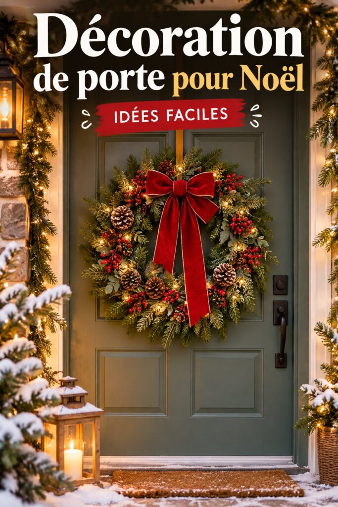 Une porte d'entrée magnifiquement décorée pour Noël avec des guirlandes et une couronne festive.