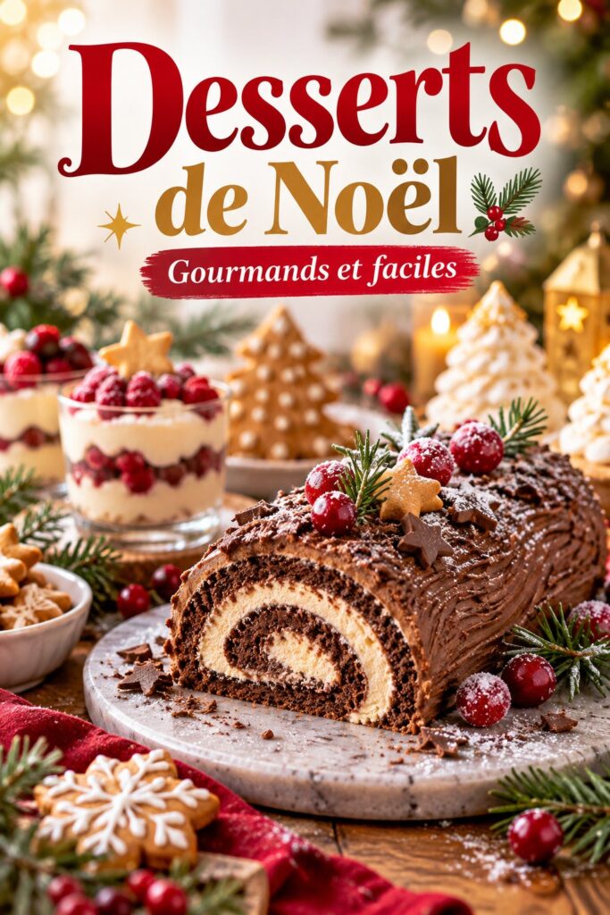 Assortiment de desserts de Noël avec bûche, biscuits et truffes au chocolat, sur une table festive.
