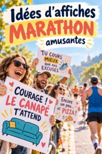 Affiche colorée et amusante pour un marathon, avec un slogan humoristique comme encouragement.