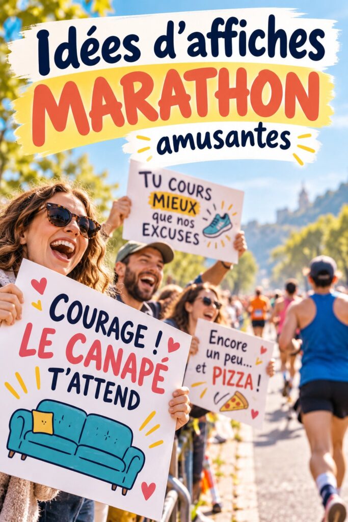 Affiche colorée et amusante pour un marathon, avec un slogan humoristique comme encouragement.