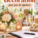 Décoration élégante pour un jour de signature avec des fleurs et des ballons.