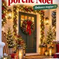 Un porche décoré avec des lumières et des guirlandes de Noël, créant une ambiance chaleureuse.