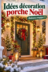 Un porche décoré avec des lumières et des guirlandes de Noël, créant une ambiance chaleureuse.