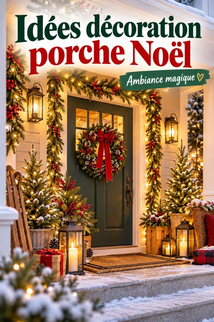 Un porche décoré avec des lumières et des guirlandes de Noël, créant une ambiance chaleureuse.