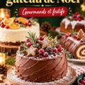 Gâteau de Noël décoré sur une table festive avec des décorations de Noël