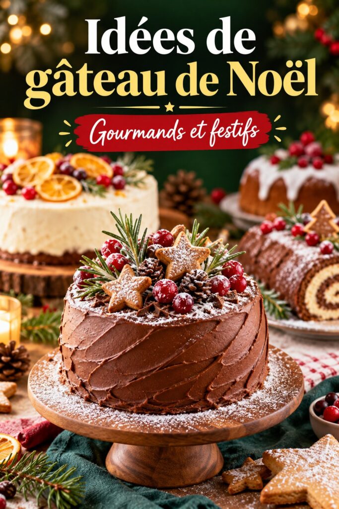 Gâteau de Noël décoré sur une table festive avec des décorations de Noël