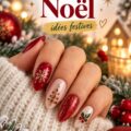Une manucure de Noël avec des motifs festifs et des couleurs vives.