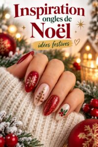 Une manucure de Noël avec des motifs festifs et des couleurs vives.