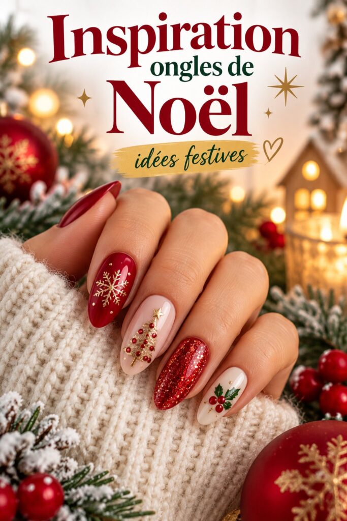 Une manucure de Noël avec des motifs festifs et des couleurs vives.