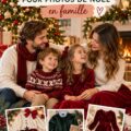 Famille vêtue de tenues coordonnées pour des photos de Noël dans un cadre festif.