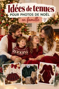 Famille vêtue de tenues coordonnées pour des photos de Noël dans un cadre festif.