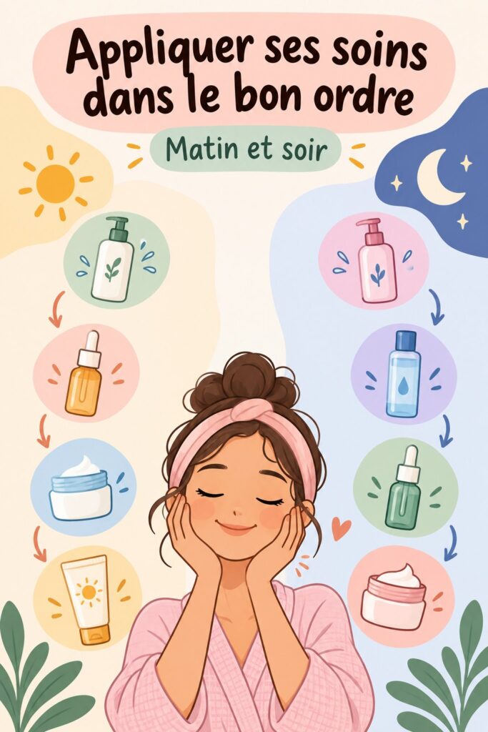Femme appliquant des soins de la peau dans l'ordre recommandé, montrant une routine de beauté. Mots-clés : soins de la peau.