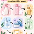 Illustration d'une routine de soins pour une peau parfaite, montrant l'ordre d'application des différents produits