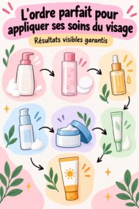 Illustration d'une routine de soins pour une peau parfaite, montrant l'ordre d'application des différents produits