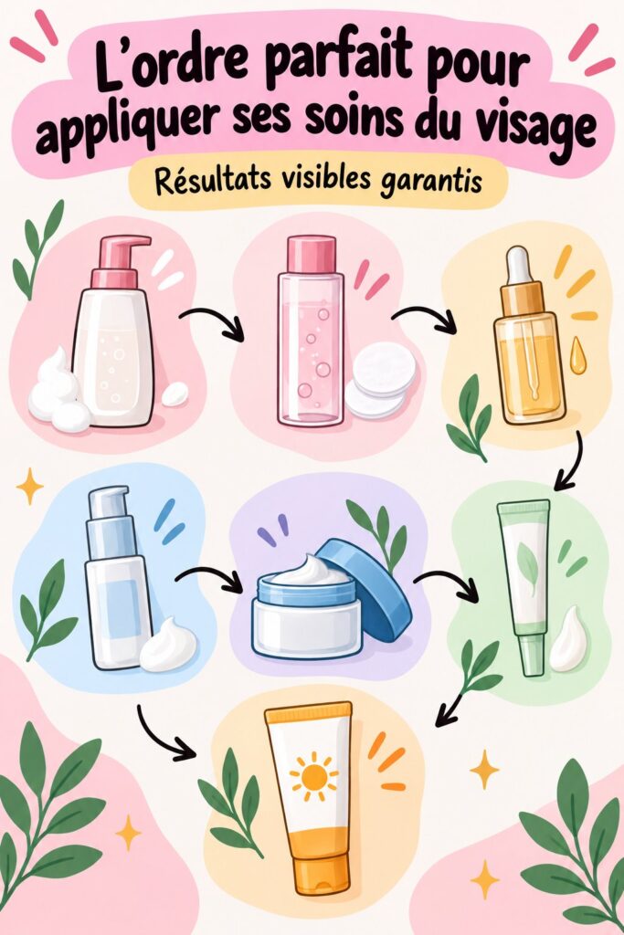 Illustration d'une routine de soins pour une peau parfaite, montrant l'ordre d'application des différents produits