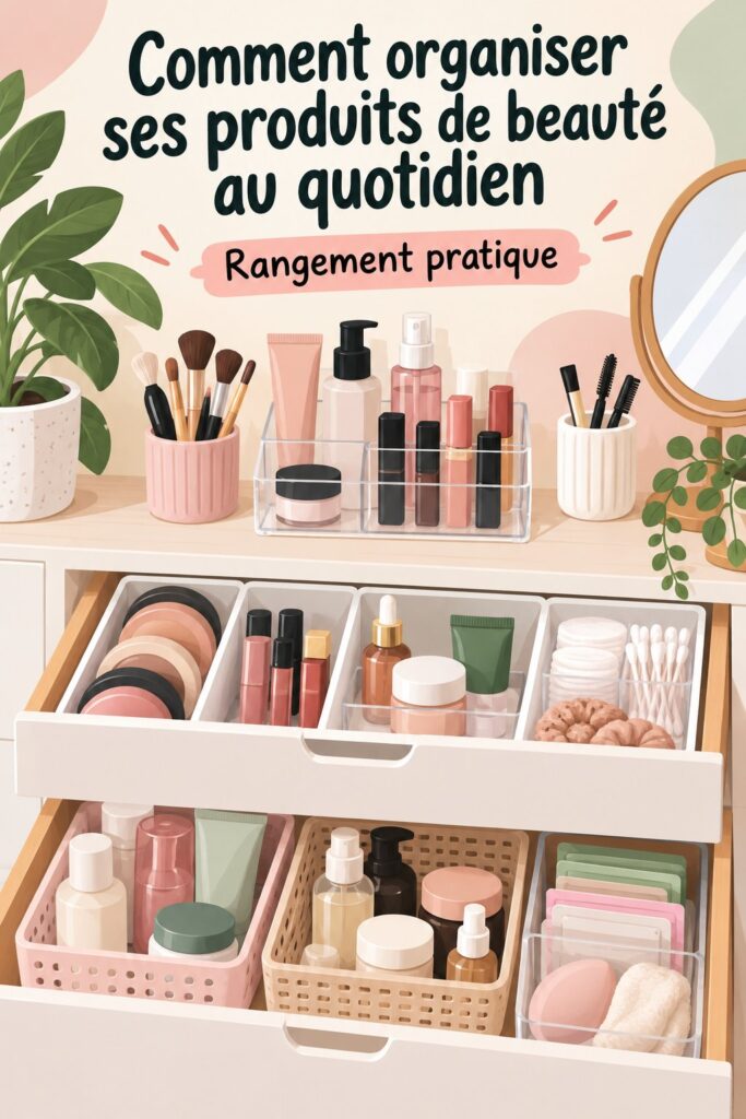 Espaces de beauté organisés avec des produits bien rangés.