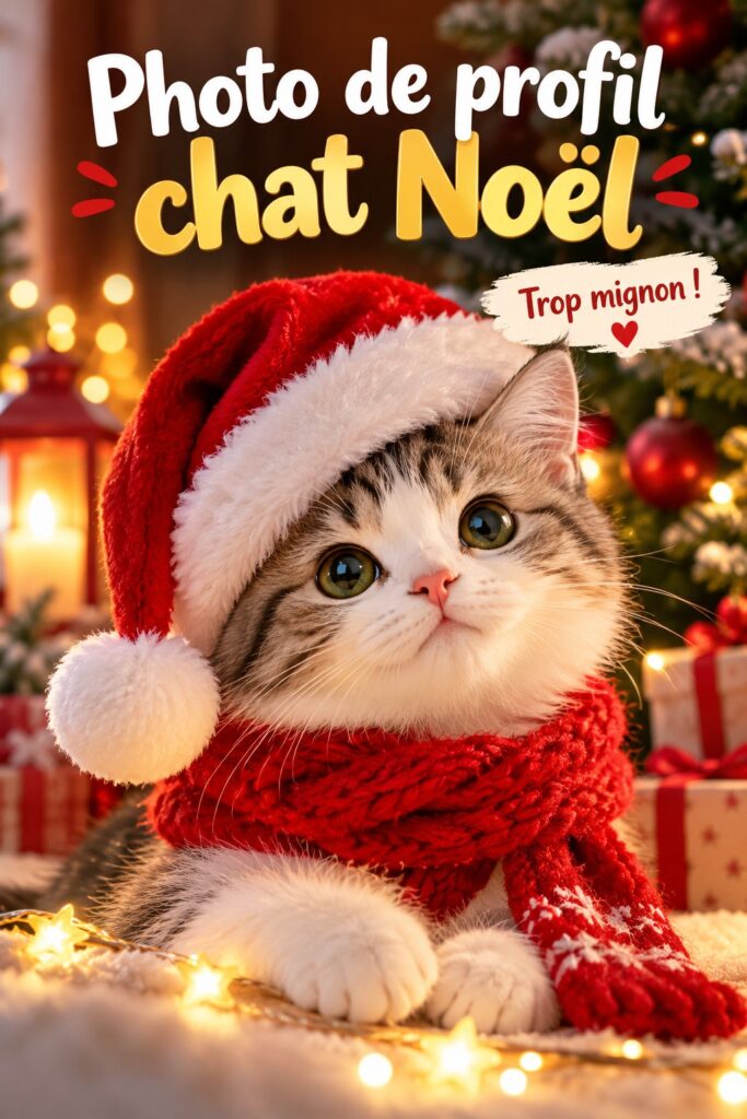 Une adorable photo de chat avec des décorations de Noël en arrière-plan
