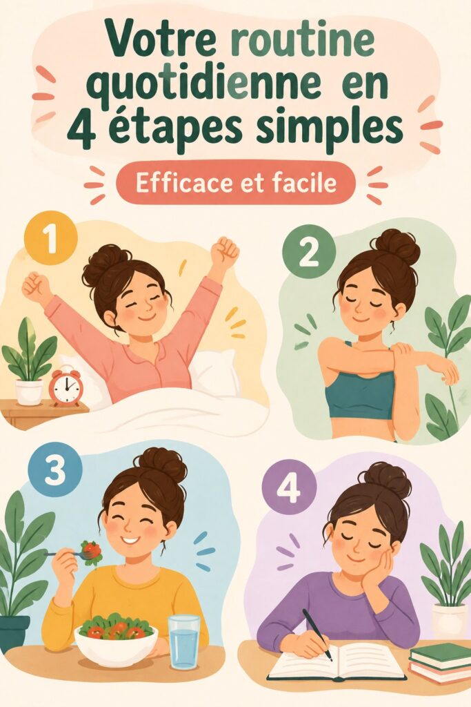 Femme souriante à son bureau suivant une routine quotidienne simple et efficace.