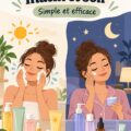Femme appliquant une crème hydratante sur son visage, illustrant une routine de soins pour un teint éclatant