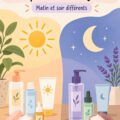 Femme appliquant des soins de jour sur son visage devant un miroir