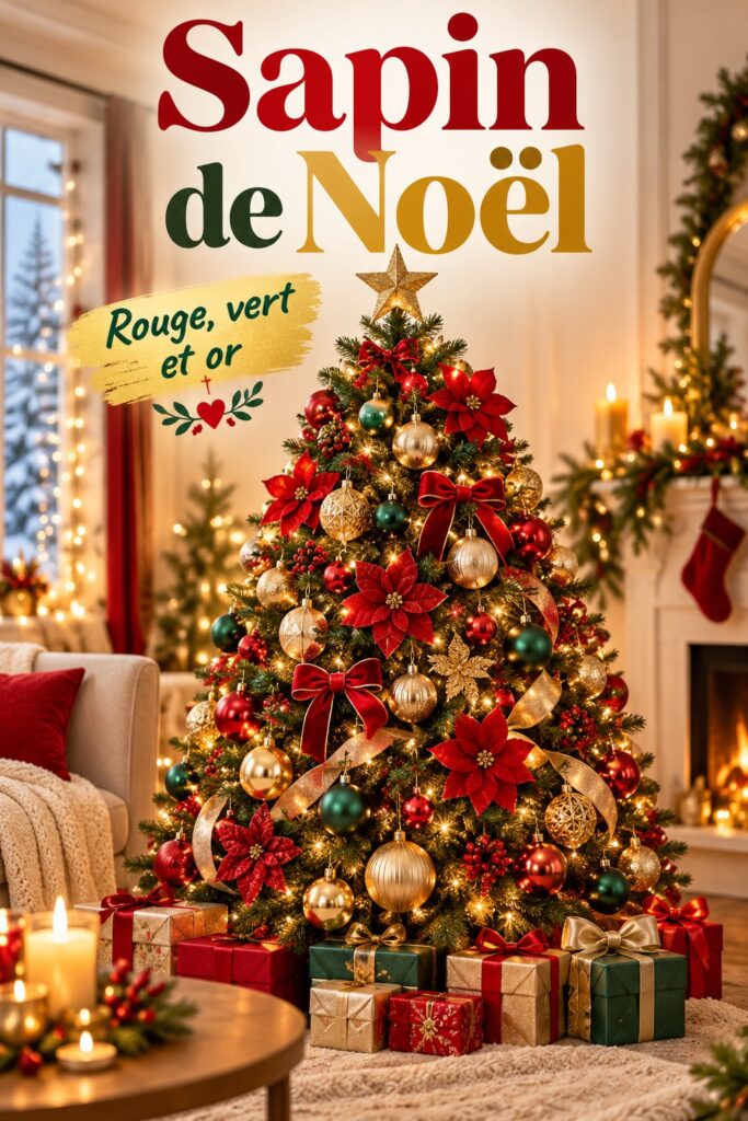 Un sapin de Noël décoré avec des ornements rouges, verts et dorés, créant une ambiance festive et chaleureuse.