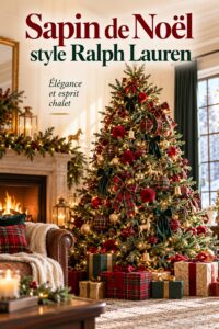 Un sapin de Noël décoré avec élégance dans le style Ralph Lauren, ornements raffinés et ambiance chaleureuse.