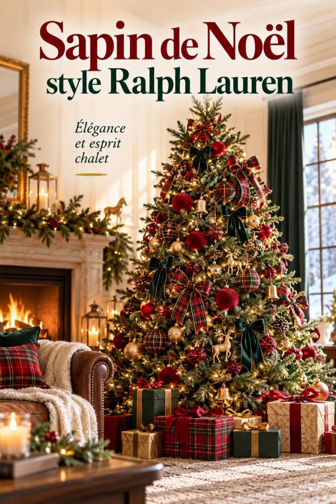 Un sapin de Noël décoré avec élégance dans le style Ralph Lauren, ornements raffinés et ambiance chaleureuse.