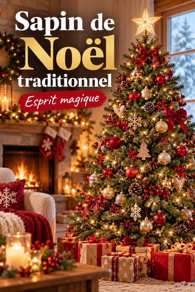 Un sapin de Noël traditionnel décoré avec des ornements classiques et une étoile au sommet.