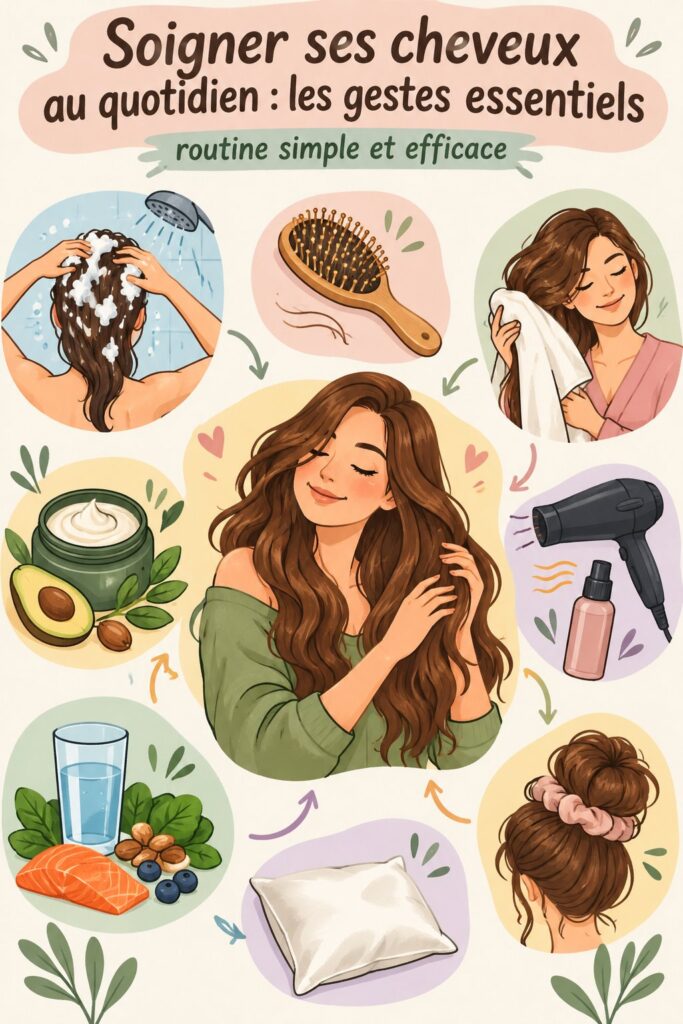 Femme souriante prenant soin de ses cheveux au quotidien avec des produits adaptés.