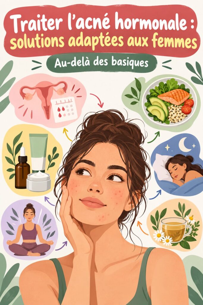 Femme réaliste se regardant dans le miroir avec une expression confiante, traitant son acné hormonale.