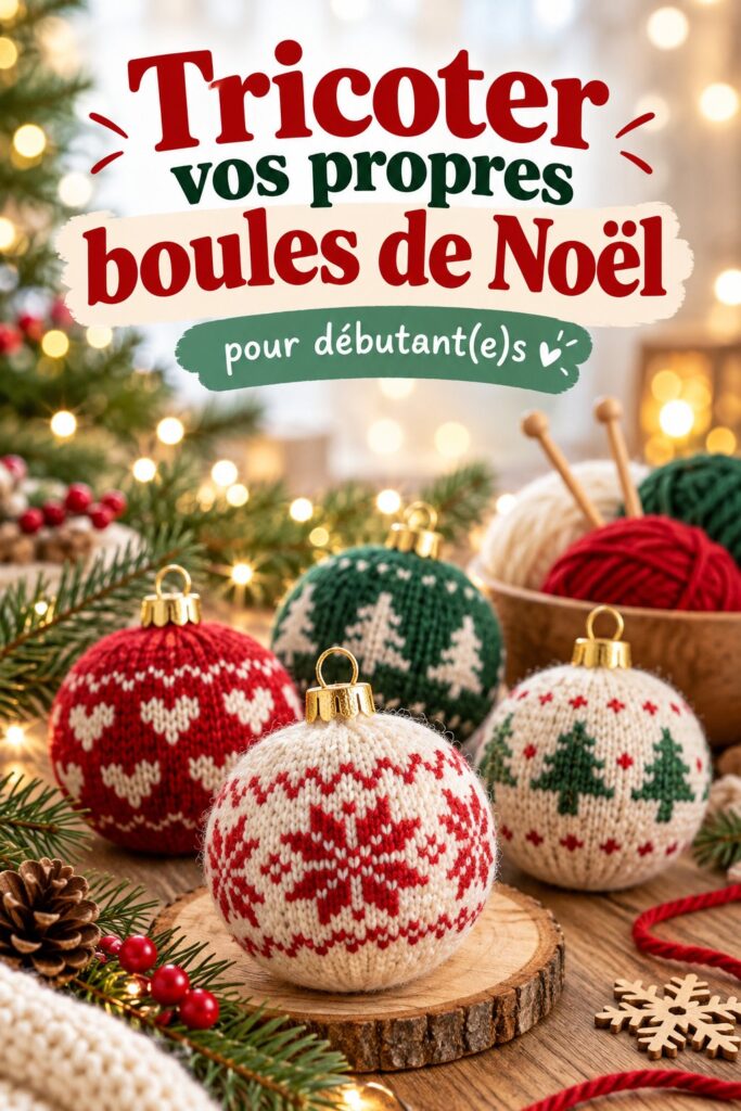 Boules de Noël tricotées main aux couleurs festives sur un fond lumineux