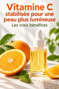 Bouteille de sérum à la vitamine C stabilisée sur une table en bois, près de plantes.